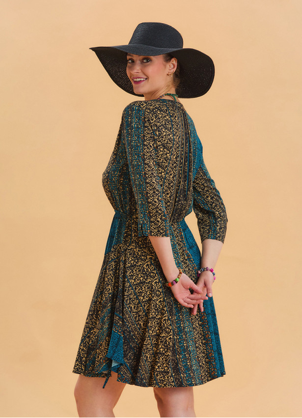 Grandad Collar Button Detailed Petrol Patterned Midi Dress 4461